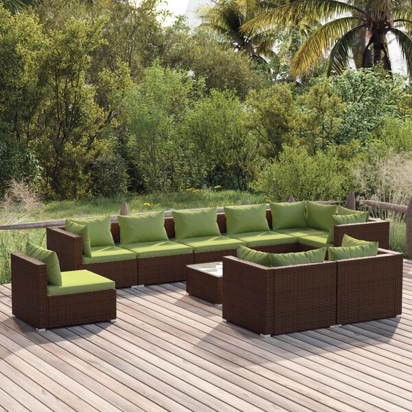 vidaXL Salon de jardin 10 pcs avec coussins R&eacute;sine tress&eacute;e Marron