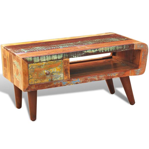 vidaXL Table basse avec bord incurv&eacute; et 1 tiroir Bois de r&eacute;cup&eacute;ration