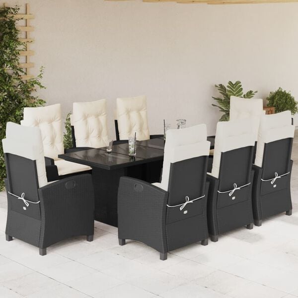 vidaXL Ensemble &agrave; manger de jardin 9pcs coussins noir r&eacute;sine tress&eacute;e