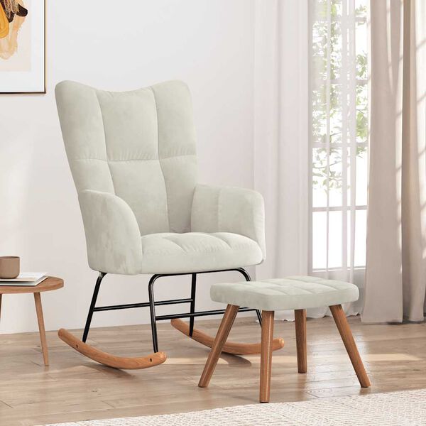 vidaXL Chaise &agrave; bascule avec repose-pied Blanc cr&egrave;me Velours