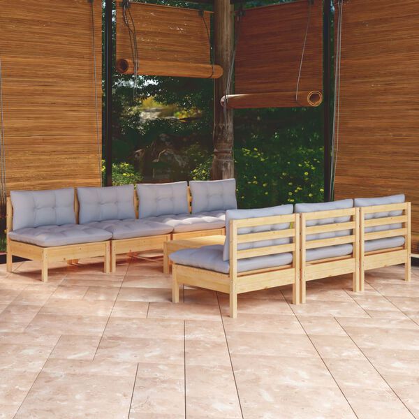 vidaXL Salon de jardin 8 pcs avec coussins gris Bois de pin