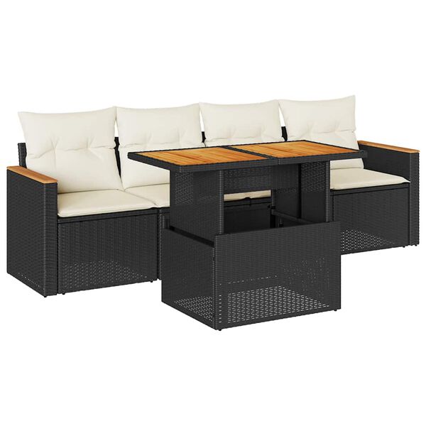 vidaXL Salon de jardin 5 pcs avec coussins noir r&eacute;sine tress&eacute;e acacia