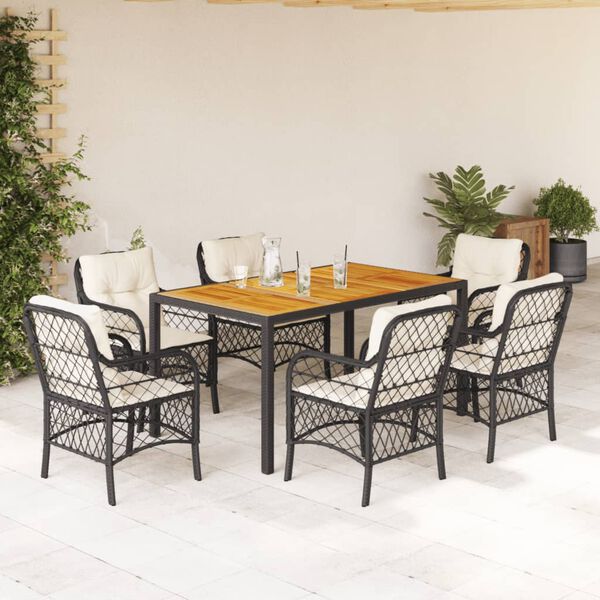 vidaXL Ensemble &agrave; manger de jardin coussins 7pcs Noir R&eacute;sine tress&eacute;e