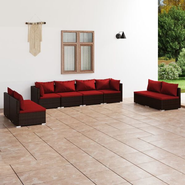 vidaXL Salon de jardin 8 pcs avec coussins r&eacute;sine tress&eacute;e marron