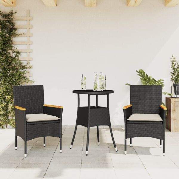 vidaXL Ensemble &agrave; manger de jardin et coussins 3 pcs noir rotin verre