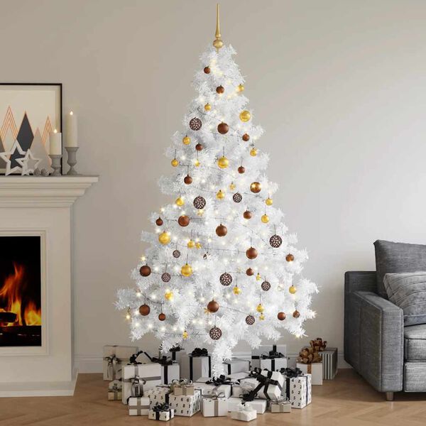vidaXL Demi-arbre de No&euml;l artificiel pr&eacute;-&eacute;clair&eacute; et boules blanc 210cm