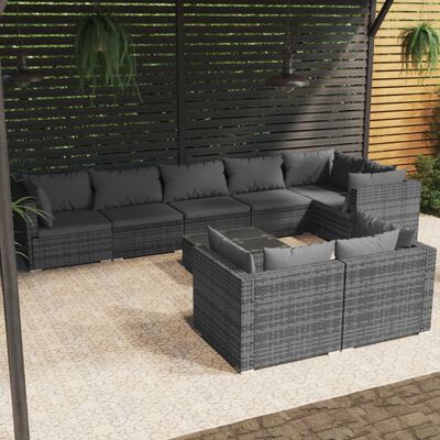 vidaXL Salon de jardin 9 pcs avec coussins Gris Résine tressée