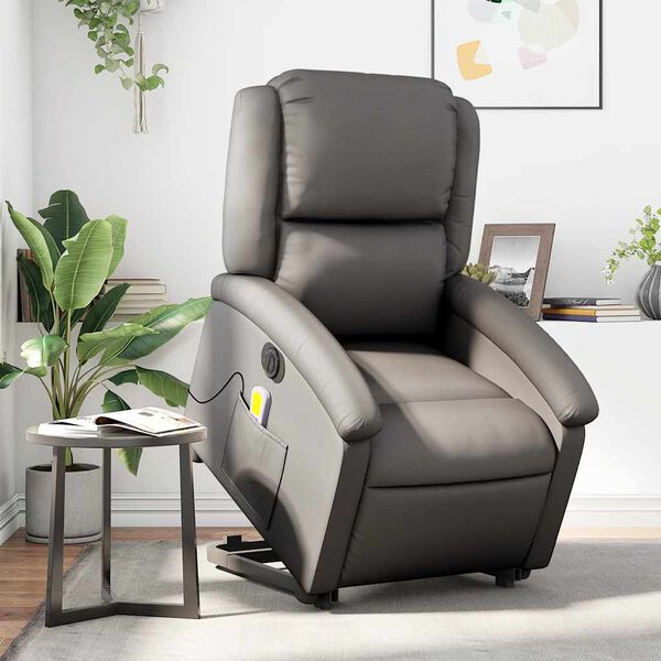 vidaXL Fauteuil inclinable de massage &eacute;lectrique gris cuir v&eacute;ritable
