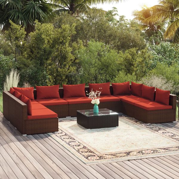 vidaXL Salon de jardin 10 pcs avec coussins R&eacute;sine tress&eacute;e Marron