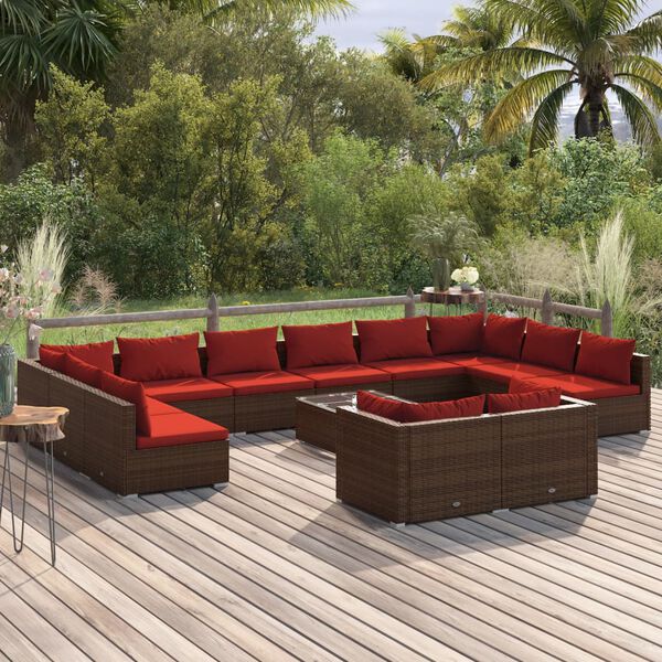 vidaXL Salon de jardin 13 pcs avec coussins Marron R&eacute;sine tress&eacute;e