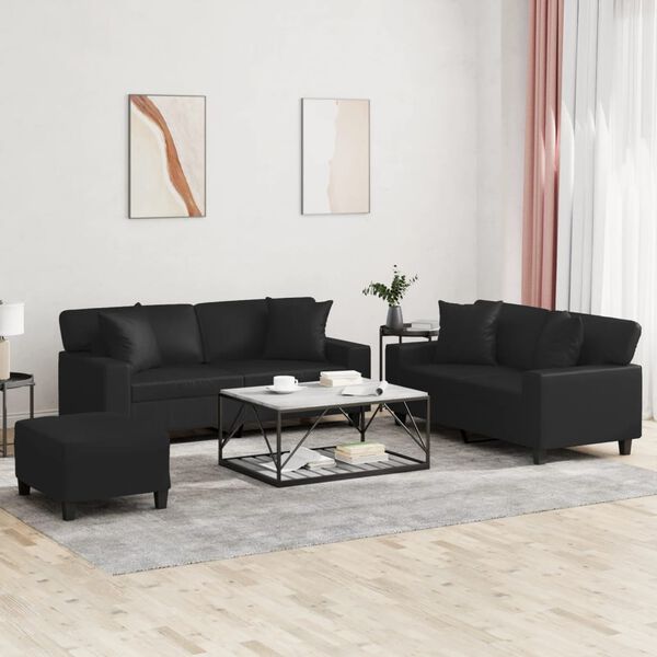 vidaXL Ensemble de canap&eacute;s 3 pcs avec coussins noir similicuir