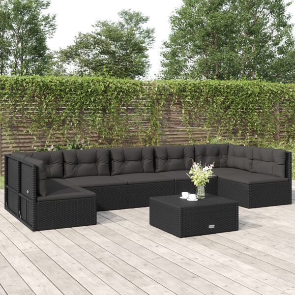 vidaXL Salon de jardin 7 pcs avec coussins Noir R&eacute;sine tress&eacute;e