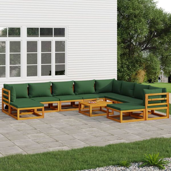 vidaXL Salon de jardin 11 pcs avec coussins vert bois massif