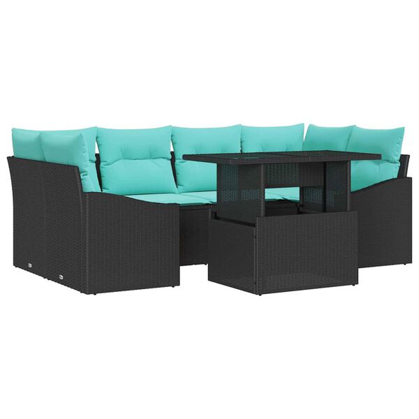 vidaXL Ensemble de canap&eacute; de jardin 7 pcs Noir et Bleu Poly rotin