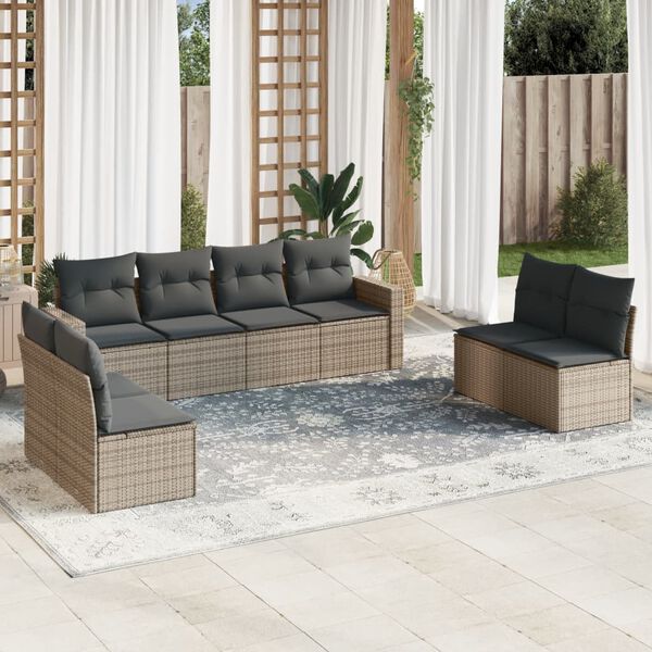 vidaXL Salon de jardin 9 pcs avec coussins gris résine tressée