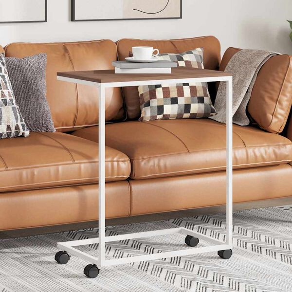 vidaXL Table d'appoint avec roues Blanc 55x35x70 cm Bois d'ing&eacute;nierie