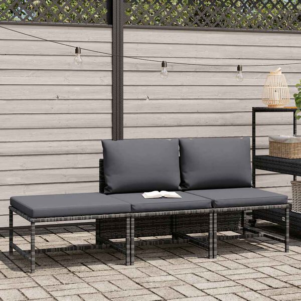 vidaXL Salon de jardin 3 pcs avec coussins Gris R&eacute;sine tress&eacute;e