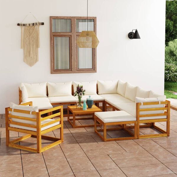 vidaXL Salon de jardin 12 pcs avec coussin Cr&egrave;me Bois d'acacia solide