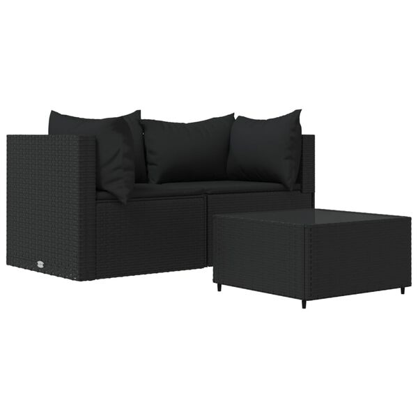 vidaXL Salon de jardin 3 pcs avec coussins Noir R&eacute;sine tress&eacute;e