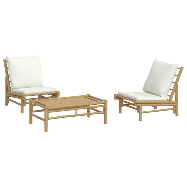 vidaXL Salon de jardin 3 pcs avec coussins blanc cr&egrave;me bambou