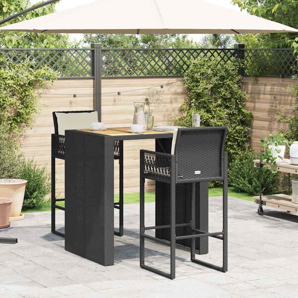 vidaXL Ensemble de bar de jardin 3 pcs coussins noir poly rotin acacia