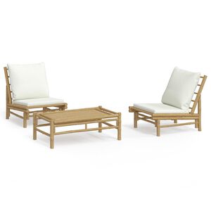 vidaXL Salon de jardin 3 pcs avec coussins blanc cr&egrave;me bambou