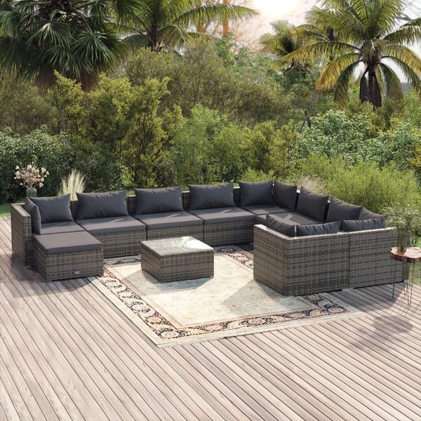 vidaXL Salon de jardin 11 pcs avec coussins R&eacute;sine tress&eacute;e Gris