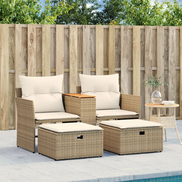 vidaXL Canap&eacute; de jardin 2 places avec tabourets beige r&eacute;sine tress&eacute;e