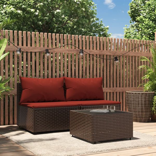 vidaXL Salon de jardin 3 pcs avec coussins marron r&eacute;sine tress&eacute;e
