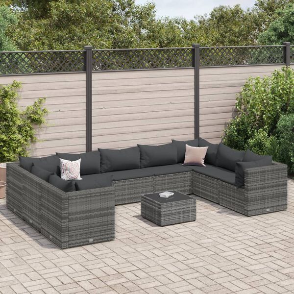 vidaXL Salon de jardin 10 pcs avec coussins Gris R&eacute;sine tress&eacute;e