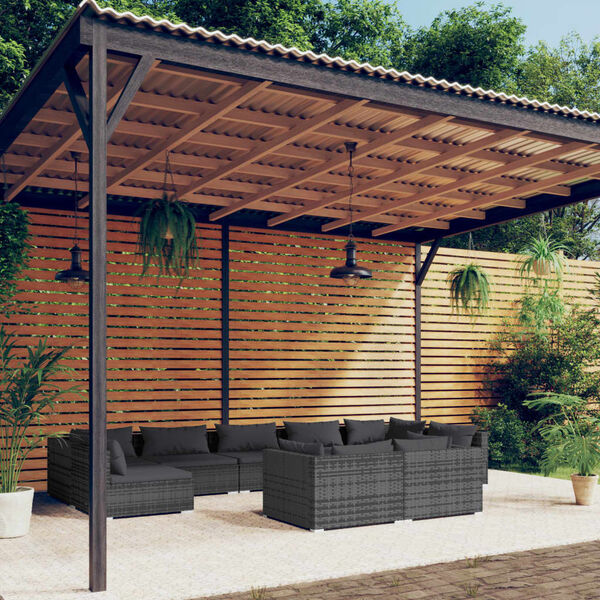 vidaXL Salon de jardin 9 pcs avec coussins Gris R&eacute;sine tress&eacute;e