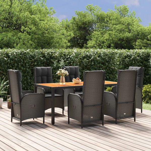 vidaXL Ensemble &agrave; manger de jardin coussins 7pcs Noir R&eacute;sine tress&eacute;e