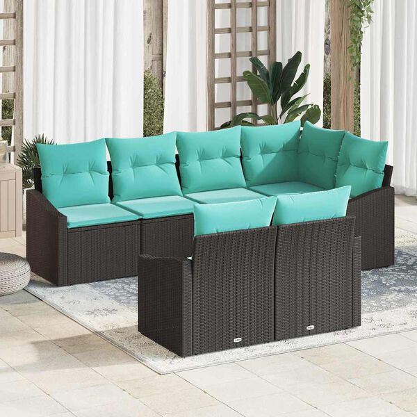 vidaXL Ensemble de canap&eacute; de jardin 7 pcs Noir et turquoise polyrotin