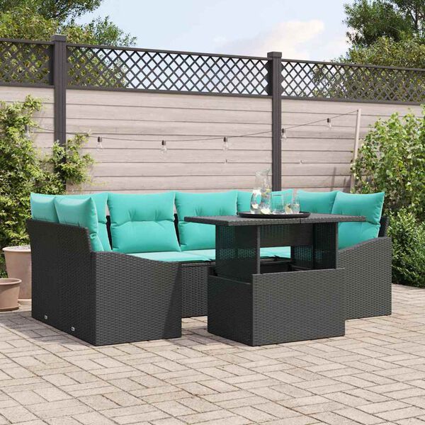vidaXL Ensemble de canap&eacute; de jardin 7 pcs Noir et Bleu Poly rotin