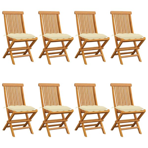 vidaXL Chaises de jardin et coussins blanc cr&egrave;me lot de 8 Teck massif