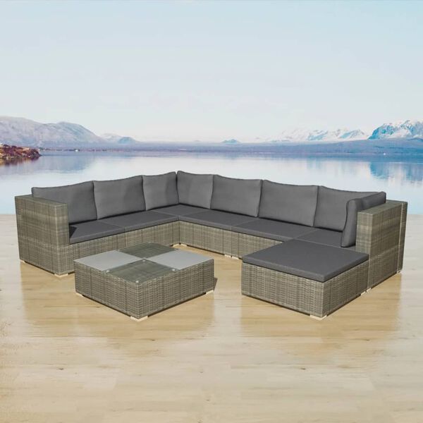vidaXL Salon de jardin 8 pcs avec coussins r&eacute;sine tress&eacute;e gris