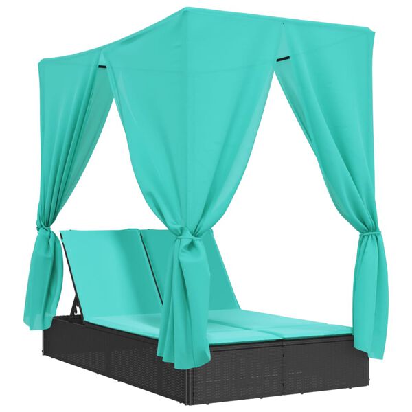 vidaXL Chaise longue double avec toit et rideaux noir r&eacute;sine tress&eacute;e