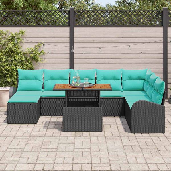 vidaXL Ensemble de canap&eacute; de jardin avec coussin 9 pcs Noir et bleu