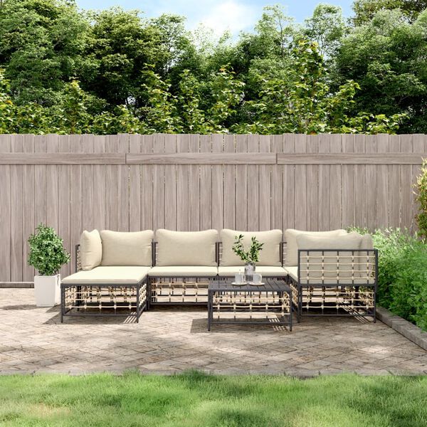 vidaXL Salon de jardin 7 pcs avec coussins anthracite r&eacute;sine tress&eacute;e