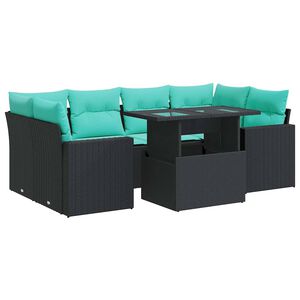 vidaXL Salon de jardin avec coussins 7 pcs noir r&eacute;sine tress&eacute;e acacia
