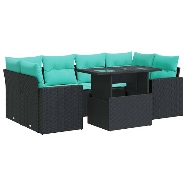 vidaXL Salon de jardin avec coussins 7 pcs noir r&eacute;sine tress&eacute;e acacia