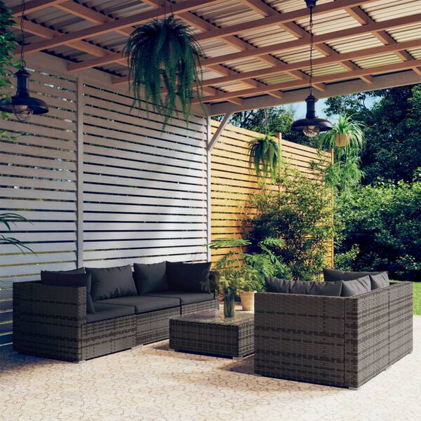vidaXL Salon de jardin 6 pcs avec coussins r&eacute;sine tress&eacute;e gris