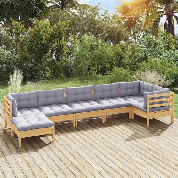 vidaXL Salon de jardin 7 pcs avec coussins gris bois de pin massif