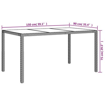 vidaXL Table de jardin 150x90x75 cm Verre trempé et poly rotin Gris