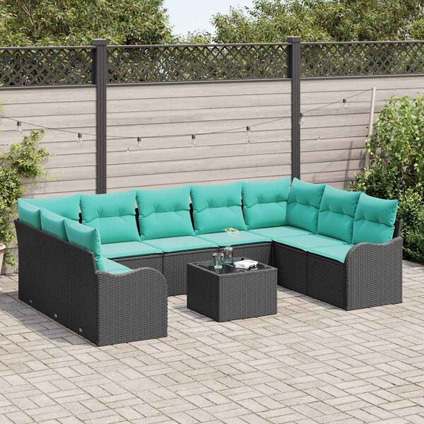 vidaXL Ensemble de canap&eacute; de jardin 10 pcs Noir et turquoise polyrotin