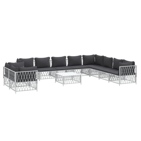 vidaXL Salon de jardin avec coussins 11 pcs blanc acier