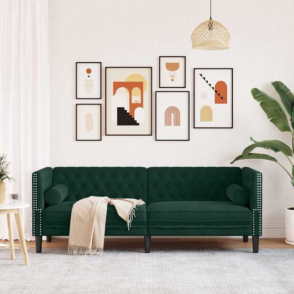 vidaXL Canapé Chesterfield avec traversins 3 places vert foncé velours