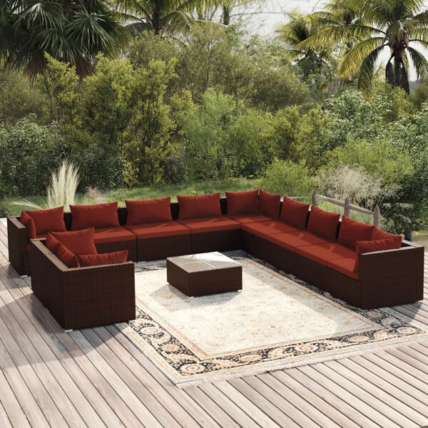 vidaXL Salon de jardin 12 pcs avec coussins Marron R&eacute;sine tress&eacute;e