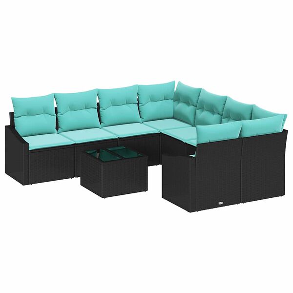 vidaXL Ensemble de Canap&eacute;s 9 pcs Noir et turquoise polyrotin
