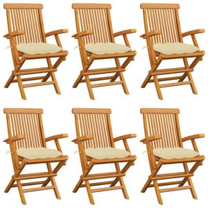 vidaXL Chaises de jardin et coussins blanc cr&egrave;me lot de 6 Teck massif